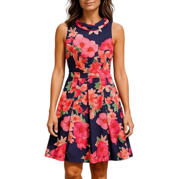 Eliza J Dresses & Skirts - Eliza J Navy Blue/Pink Floral Cowl Neck Midi Dress A-Line Pleated Size 10
